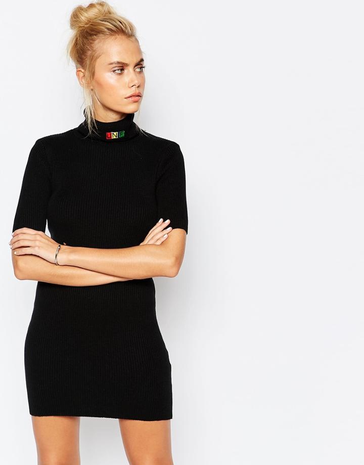 Unif High Neck Git Dress With Festival Rainbow Logo - Black