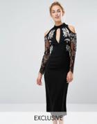 Hope & Ivy Midi Pencil Dress With Cold Shoulder And Embroidery - Black