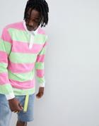 Asos Design Relaxed Long Sleeve Rugby Polo With Bright Stripe - Multi