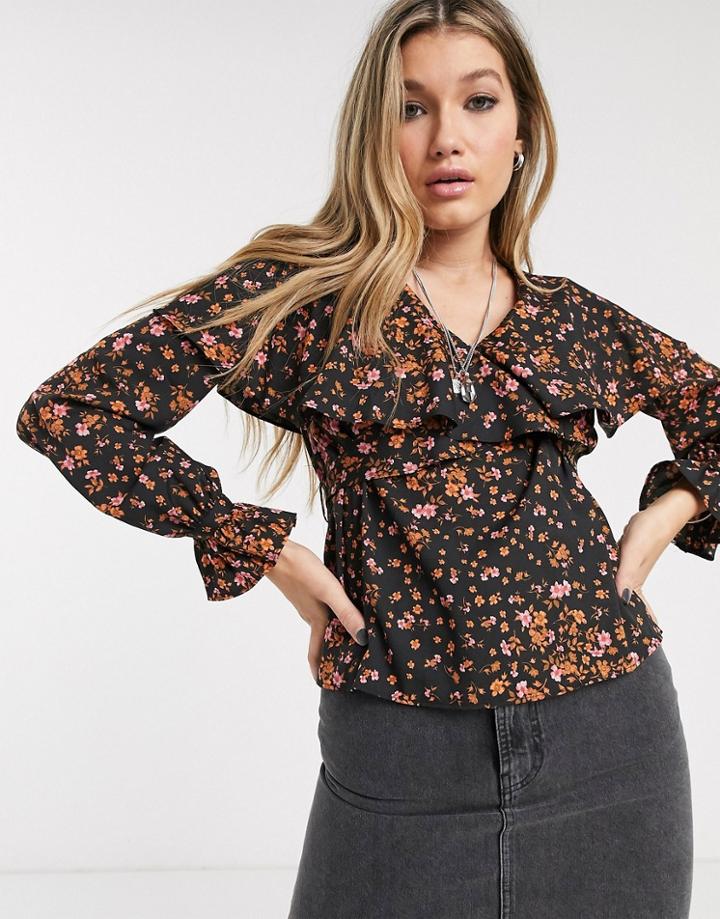 Topshop Blouse Frill Detail In Ditsy Floral-black