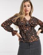 Topshop Blouse Frill Detail In Ditsy Floral-black