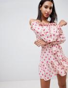 Prettylittlething Polka Dot Bardot Tie Waist Shift Dress - Pink