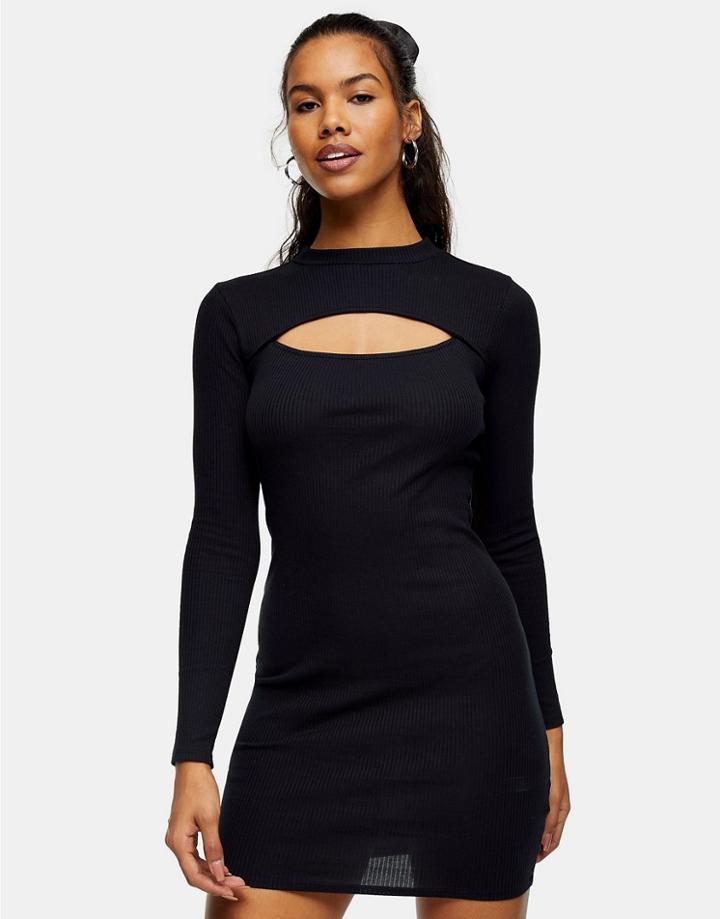 Topshop Long Sleeve Ribbed Mini Dress In Black