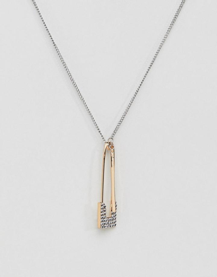 Steve Madden Silver And Gold Safety Pin Necklace - Multi