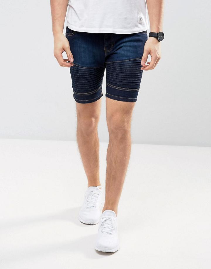 Brave Soul Biker Shorts In Washed Blue Denim - Blue