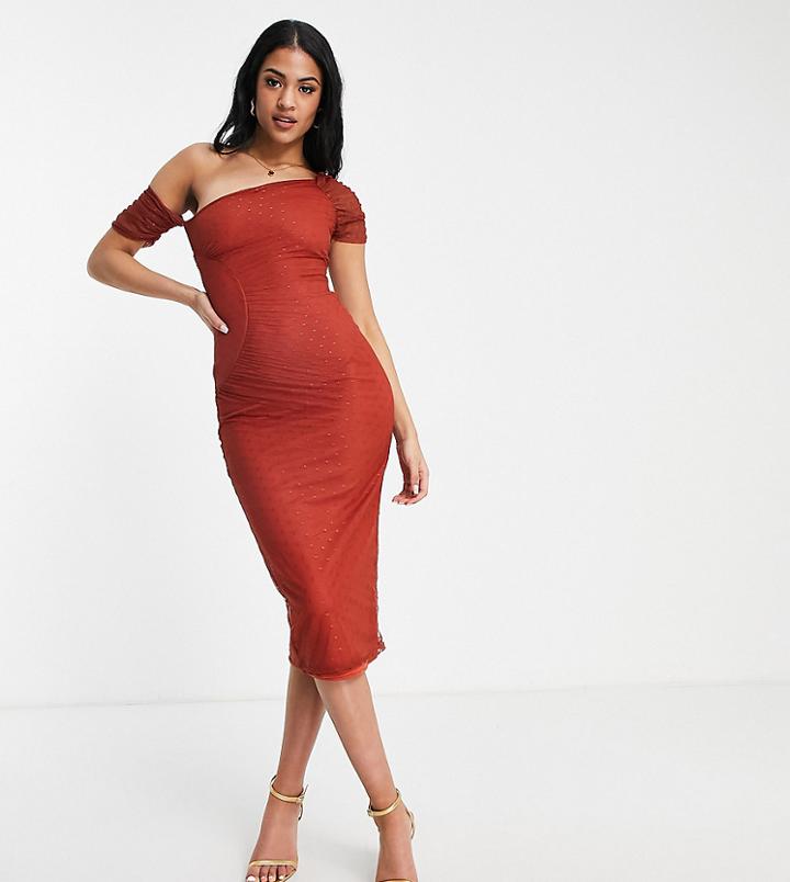 Asos Design Tall Fallen Shoulder Ruched Textured Mesh Midi Dress In Burnt Henna-brown