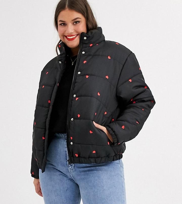 Daisy Street Plus Padded Jacket In Ditsy Heart Print