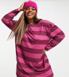 Asos Design Curve Oversized Long Sleeve T-shirt Dress In Tonal Burgundy Stripe-multi