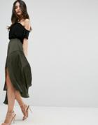 Asos Midi Satin Skirt With Splices And Seam Detail - Green