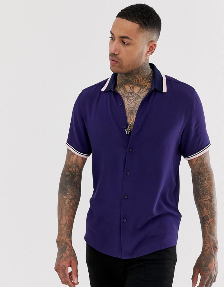 Asos Design Oversized Viscose Shirt With Rib Detail In Navy - Navy