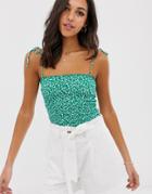 Stradivarius Shirred Floral Cami With Tie Straps In Green - Green