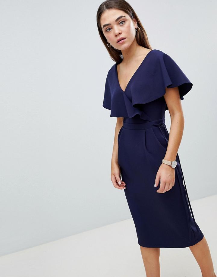 Asos Design Ruffle Wrap Midi Dress-navy