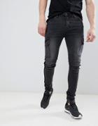 Asos Design Super Skinny Biker Jeans With Cargo Pockets In Washed Black - Black