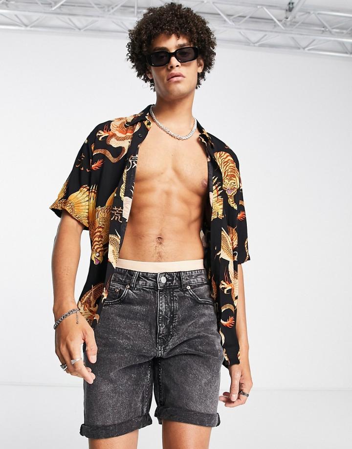Bershka Tiger Print Shirt In Black