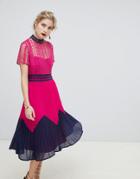 Liquorish Contrast Lace Midi Dress With Pleated Skirt - Pink