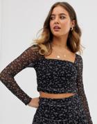 Asos Design Two-piece Square Neck Ruched Mesh Crop Top In Ditsy Floral - Multi
