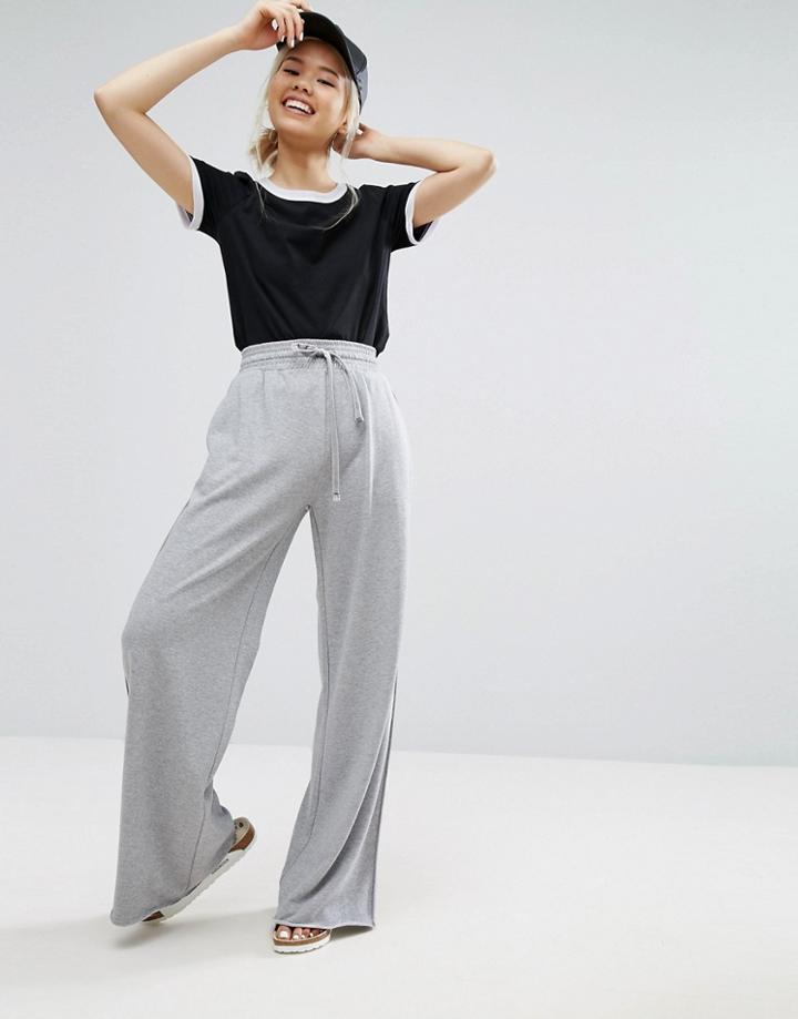 Daisy Street Wide Leg Joggers With Velvet Draw Cord & Seams - Gray