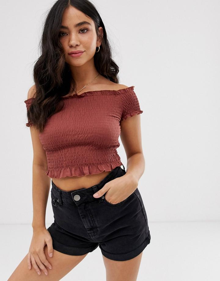 New Look Shirred Bardot Top In Rust - Orange