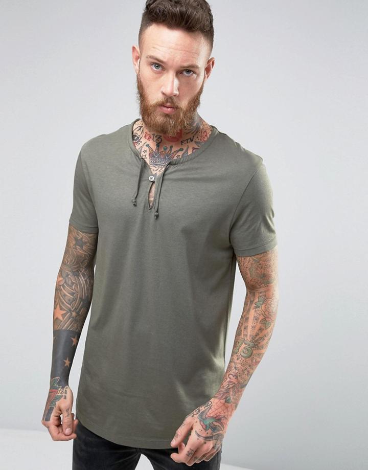 Asos Longline T-shirt With Drawcord Neck Detail In Green - Green