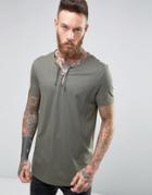 Asos Longline T-shirt With Drawcord Neck Detail In Green - Green