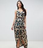 John Zack Tall Wrap Front Midi Dress In Green Leopard - Multi