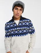 Only & Sons Half Zip Fair Isle Sweater In Blue And Gray-multi