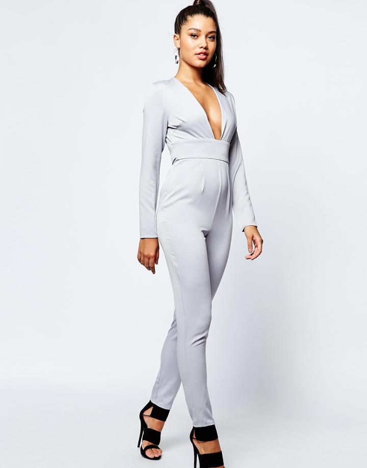 Missguided Plunge Neck Tie Waist Jumpsuit - Gray