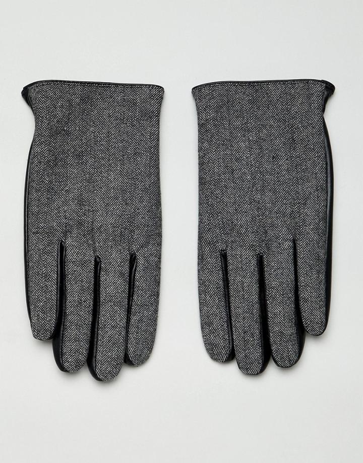 Asos Design Leather Touchscreen Gloves In Black With Herringbone Detail