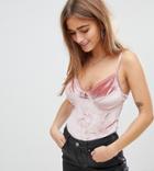 Asos Design Petite Cami Body With Cup Detail In Velvet-pink