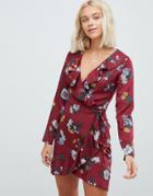 Parisian Floral Wrap Dress With Frill - Red