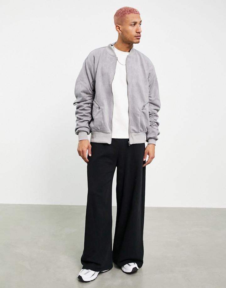 Liquor N Poker Bomber Jacket In Gray Suede With Rouched Sleeves-grey