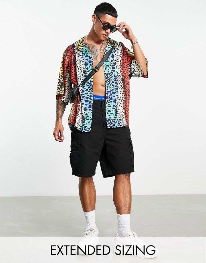 Asos Design Dropped Shoulder Oversized Revere Satin Shirt In Animal Print-multi