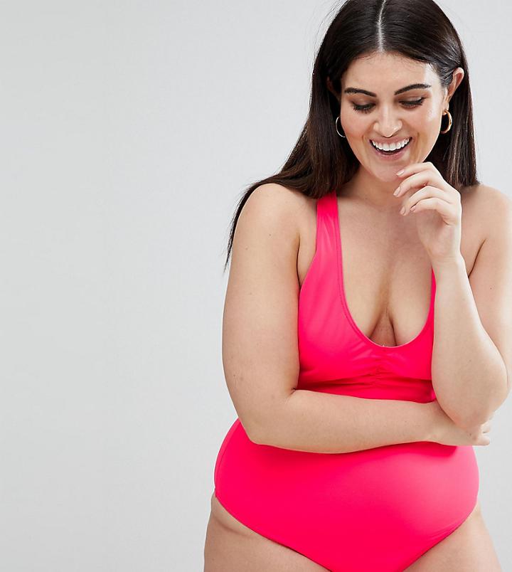 Asos Design Curve Ruched Front Racer Back Swimsuit In Watermelon Red - Red