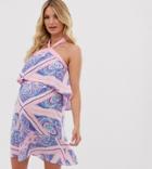 Asos Design Maternity High Neck Tiered Beach Sundress In Pink Bandana Print