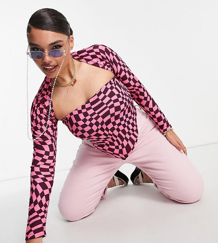Asos Design Curve Cropped Shrug Top In Pink Check Print-multi