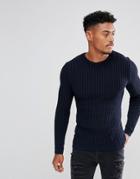 Asos Muscle Fit Ribbed Sweater In Navy - Navy