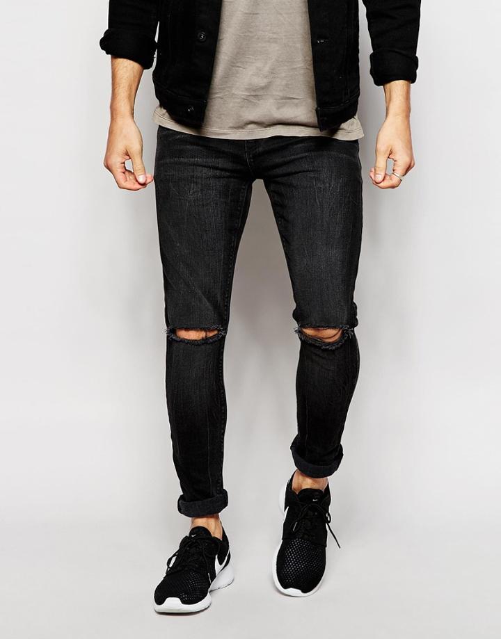Asos Super Skinny Jeans With Rips - Washed Black1