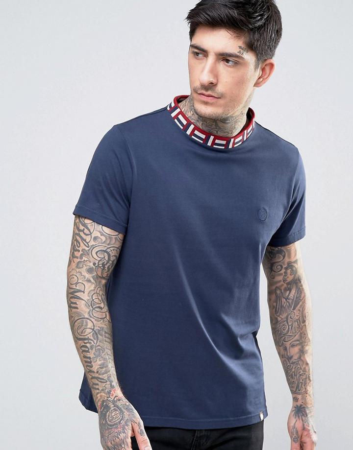 Pretty Green Plecteom T-shirt Jacquard Knit Neck In Navy - Navy