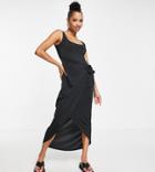 Asos Design Petite Sleeveless Square Neck Sarong Skirt Midi Dress In Black