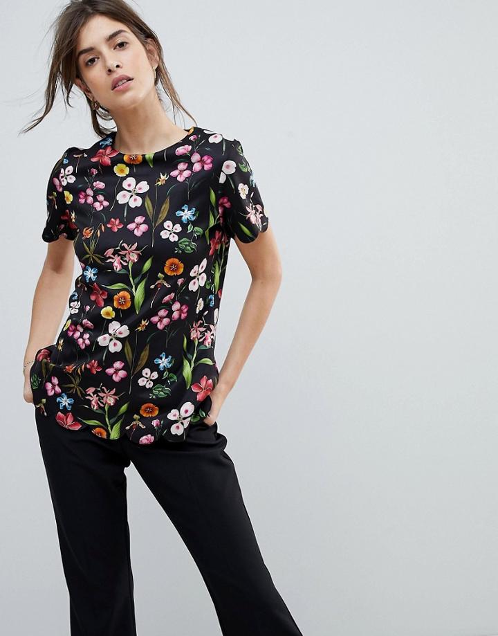 Ted Baker Emmalie Floral Print Scalloped Top - Black