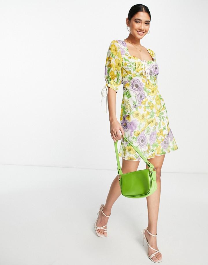 Asos Design Bias Chiffon Mini Dress With Tie Front In Yellow Floral Print-multi