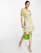 Asos Design Bias Chiffon Mini Dress With Tie Front In Yellow Floral Print-multi