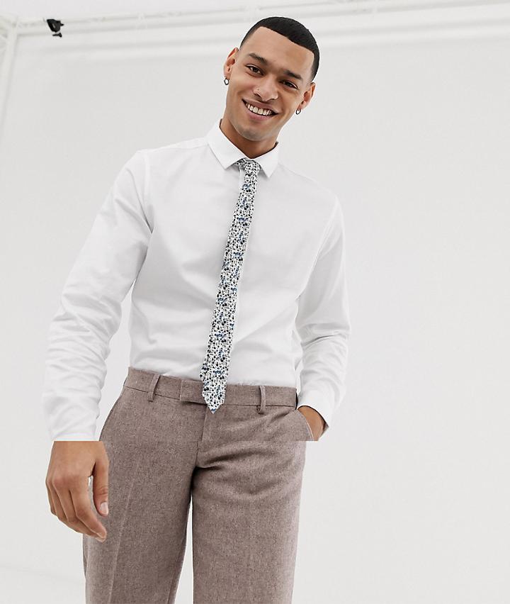 Asos Design Wedding Skinny Fit Sateen Shirt With Blue Floral Tie Save-multi