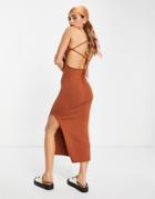 Asos Design Knitted Midi Dress With Cross Back Tie Detail In Brown