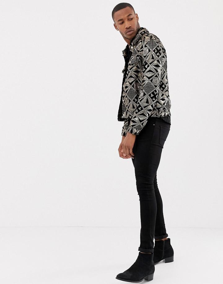 Asos Design Western Jacket With Gold Sequins In Black Velour - Black