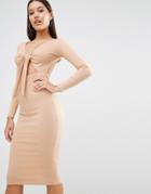 Oh My Love Midi Dress In Rib With Front Bow - Caramel