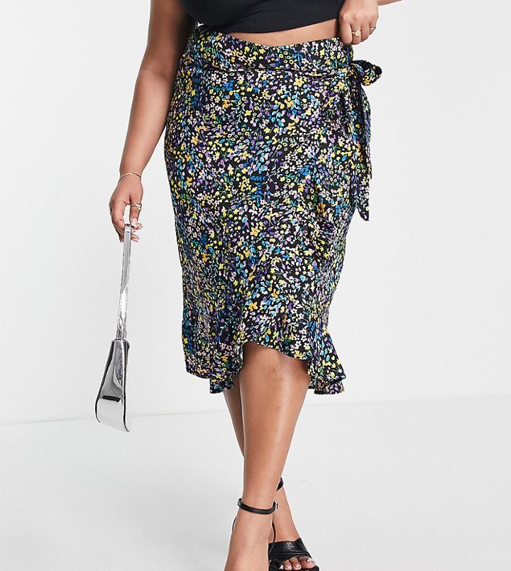 Ax Paris Plus Satin Wrap Midi Skirt In Ditsy Floral-multi