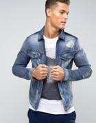 Sisley Denim Jacket With Panels And Rip Repair Detail - Blue