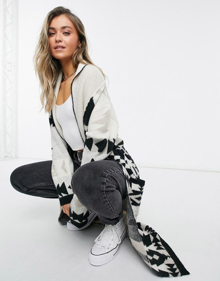 Only Maxi Cardigan With Shawl Collar In Monochrome Print-multi
