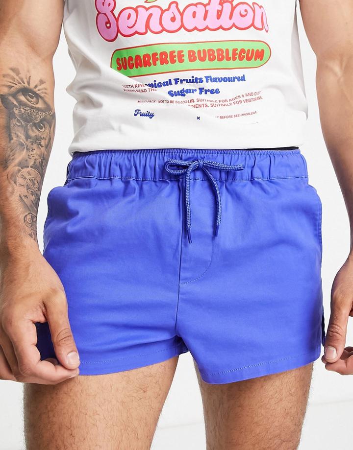 Asos Design Skinny Super Short Chino Shorts With Side Splits In Bright Blue
